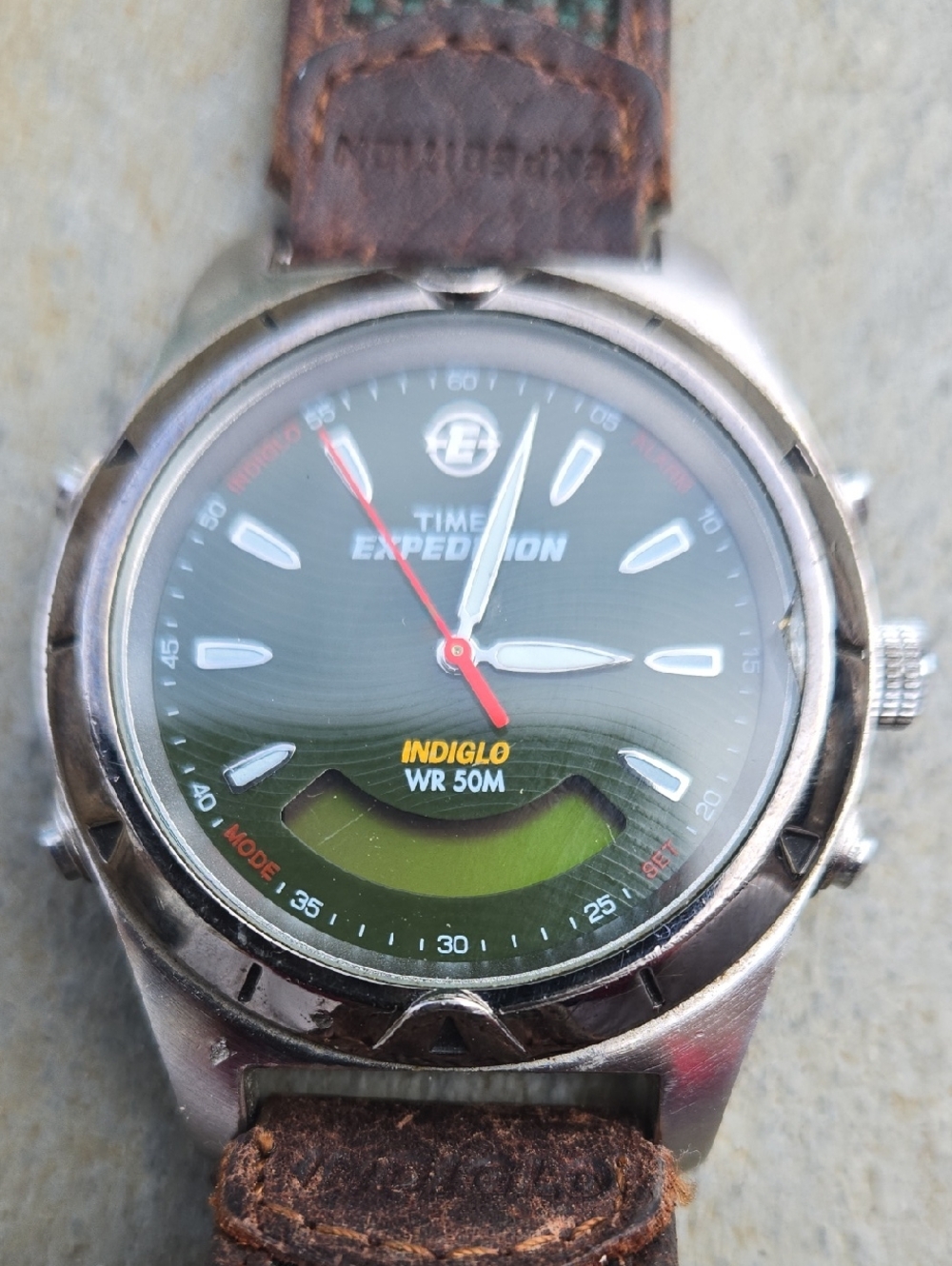 Timex Expedition Green Dial Watch with Red Hands and Brown Strap